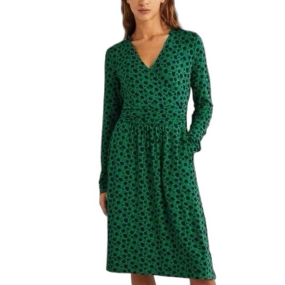 Boden Layla NWOT Green Navy Floral Jersey Surplice Neck Long Sleeve Midi Dress 2 - Picture 1 of 16